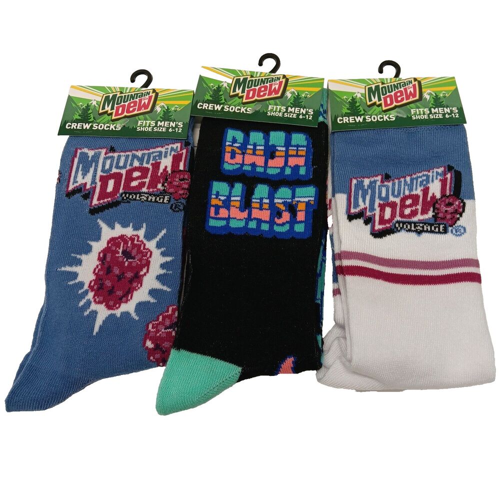 Mountain Dew Soda Drink Novelty 3 Pair Socks Adult Men Crew Size 6-12 NWT